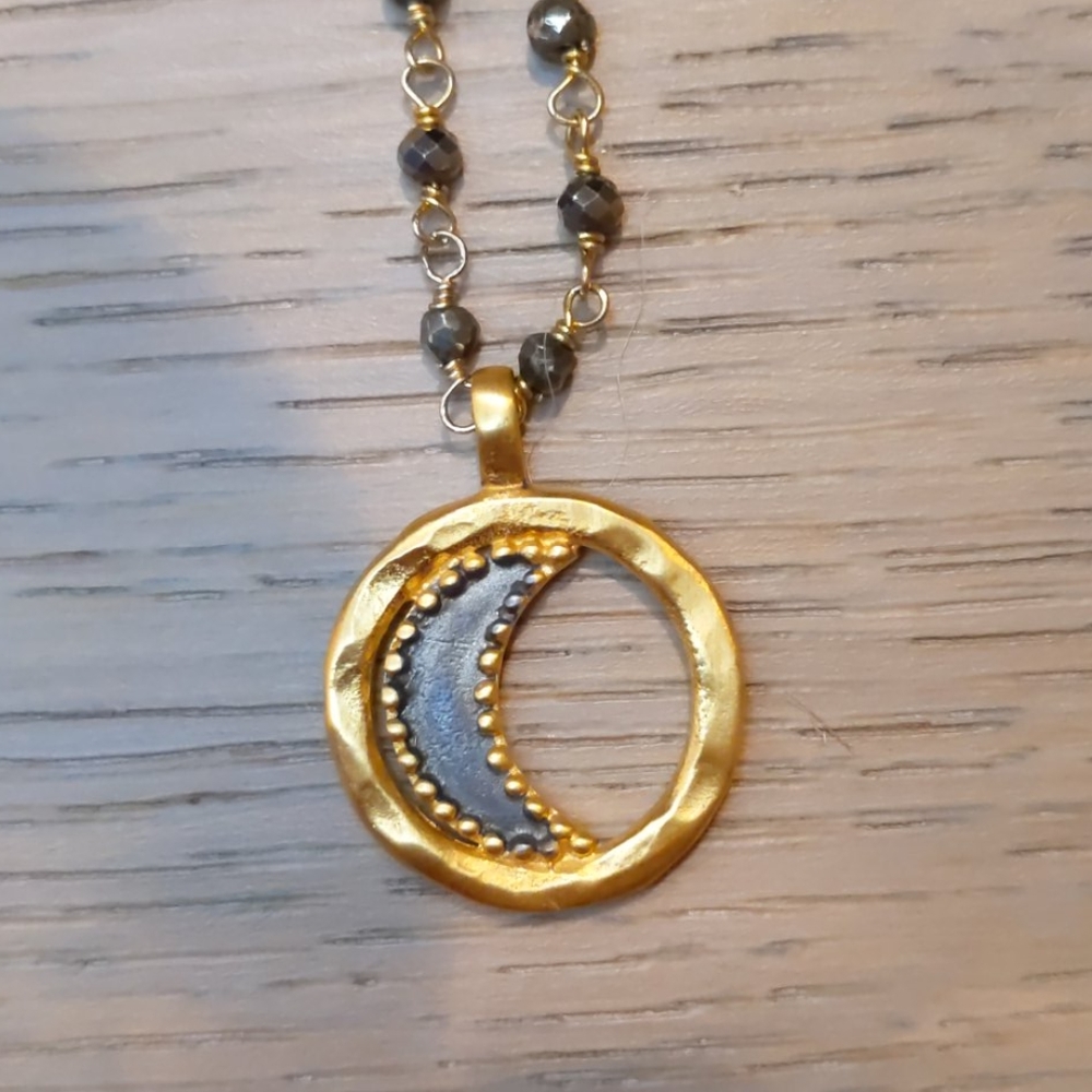 Satya Gunmetal And Gold Pyrite Moon Necklace NWOT